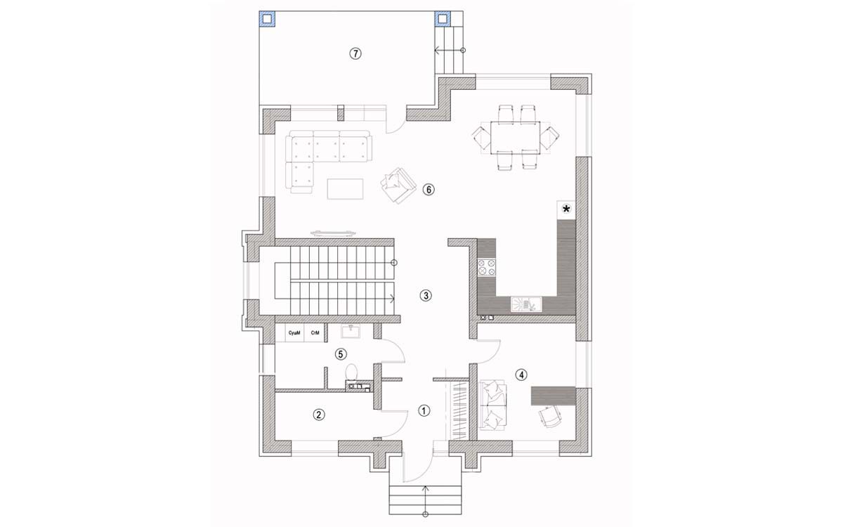 Планировка 1-го этажа c мебелью